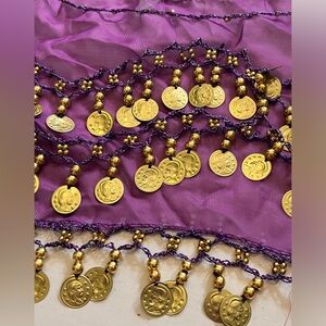 Belly dancer wrap with gold toned noise makers